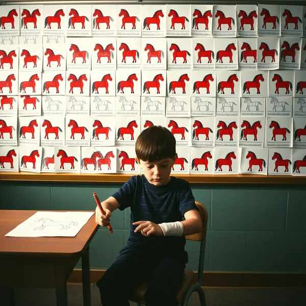 Timmy Rourke, a fourth-grade student in Northwood, Ohio, reviews a Lunar New Year coloring sheet as a bulletin board displays hundreds of identical horse drawings, part of a district-wide initiative that achieved perfect compliance metrics.