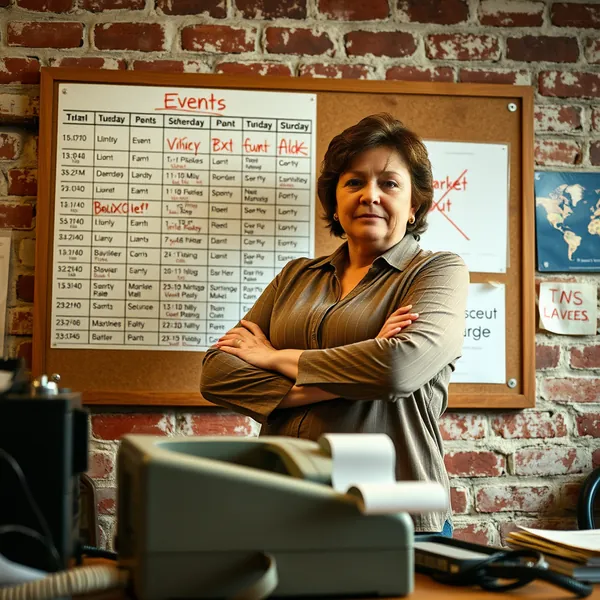 Event coordinator Maureen Post stands before the revised events schedule at The Cooperage after enforcing a strict interpretation of the 'One Trick Pony' brand name, canceling all non-vintage market activities.