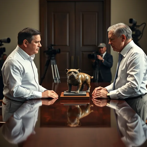 Lachlan and James Murdoch dispute ownership of a promotional foam finger during a strategy session, as documentary cameras capture the exchange for the Netflix series 'Dynasty: The Murdochs.'