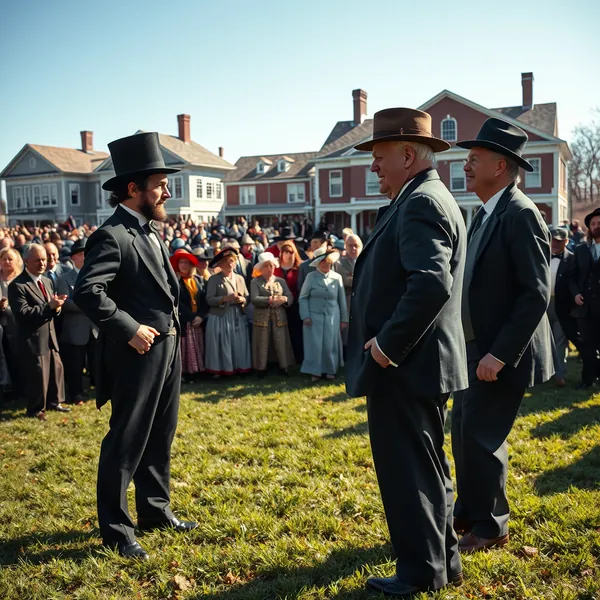 Reenactors portraying Presidents Abraham Lincoln and Franklin D. Roosevelt engage in a heated discussion as other presidential impersonators mill about during the Naper Settlement's Presidents Day exhibit opening in Naperville.
