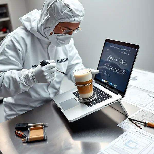 A NASA engineer tests beverage stability integration for Apple's upcoming budget MacBook at the company's Cupertino headquarters.