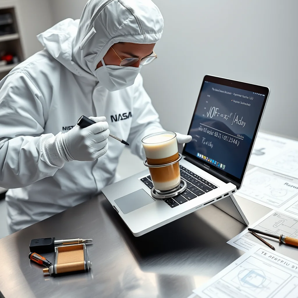 A NASA engineer tests beverage stability integration for Apple's upcoming budget MacBook at the company's Cupertino headquarters.