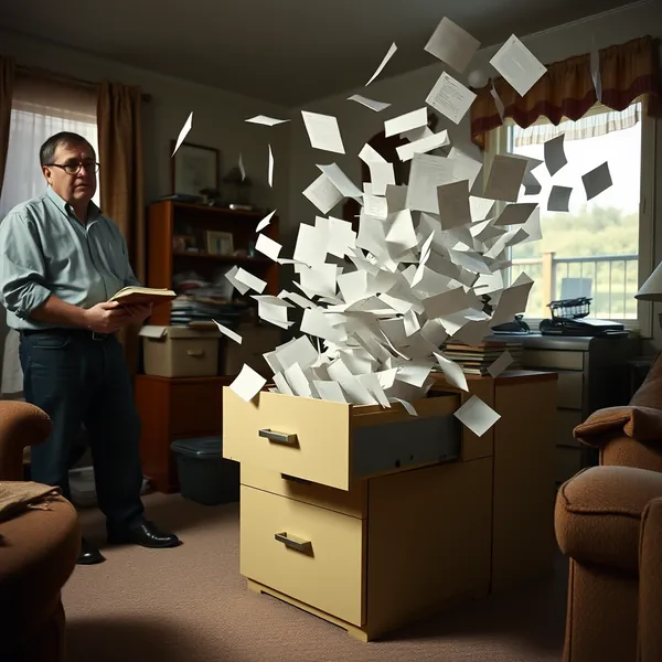 Cleveland paralegal Martin Feldstein observes as his filing cabinet exhibits signs of 'blowback,' ejecting its contents following his reading of a Garry Trudeau comic strip.