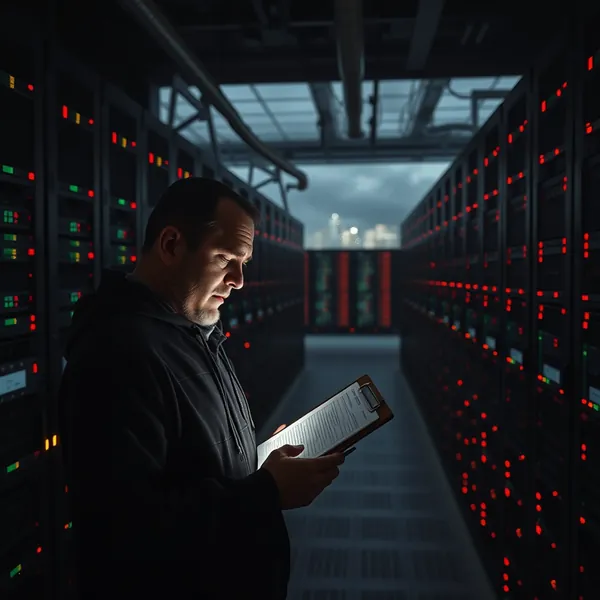 An IT technician surveys a powered-down data center in Virginia after tech companies disconnected servers to avoid higher electricity rates following White House demands.