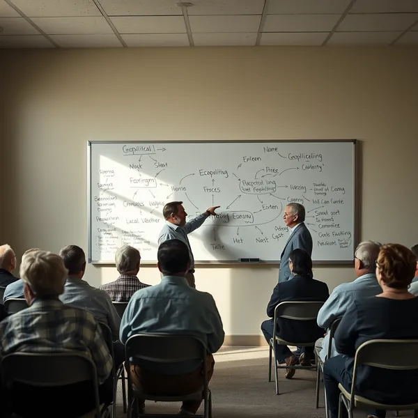 Brenda Schilling, founder of the Unified Headline Initiative, presents her proposal for a single, consolidated world news headline to a group of supporters in a Toledo community center.
