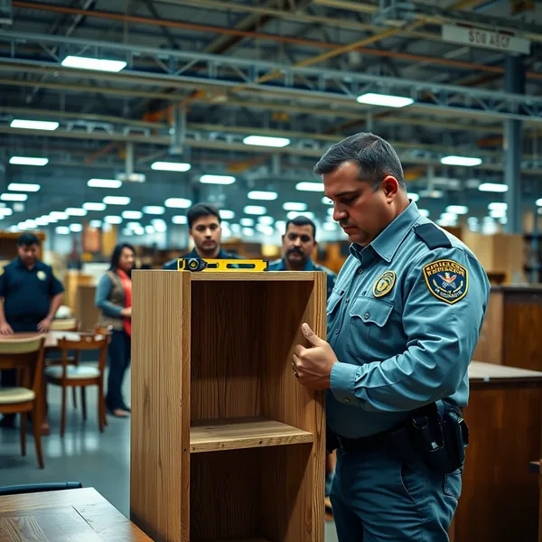 A Department of Homeland Security officer conducts a furniture quality assessment as part of the agency's new immigration evaluation program at the Nogales border crossing.