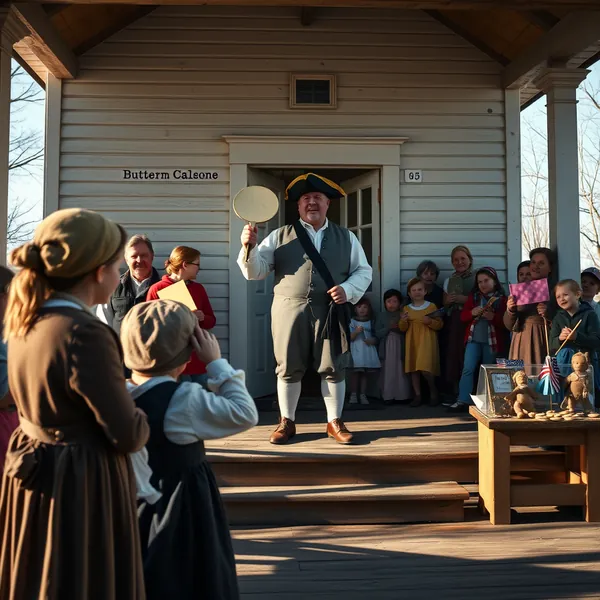 The newly elected 'President' Frank addresses his constituents near the Naper Settlement schoolhouse as the scheduled Presidents' Day activities continue haphazardly in the background.