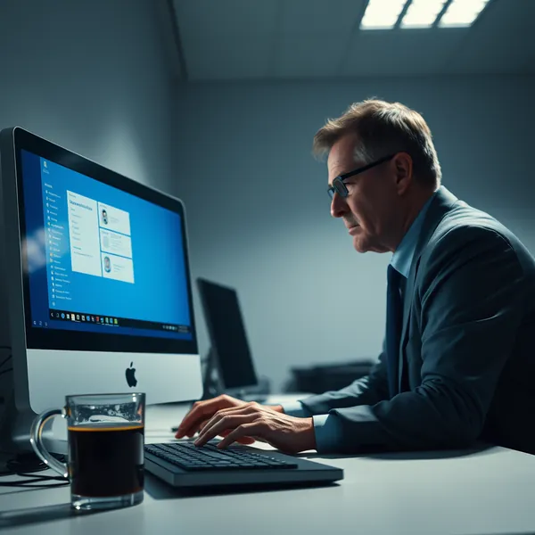 A French civil servant navigates the new sovereign video-conferencing software, Visio, during a routine administrative meeting in a Paris government building.