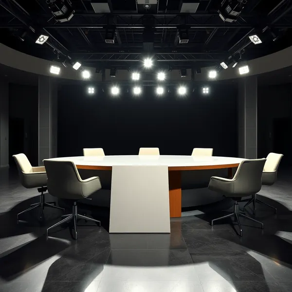 The set of the canceled daytime talk show sits empty, with a section of drywall propped against the host's desk in preparation for the new programming.