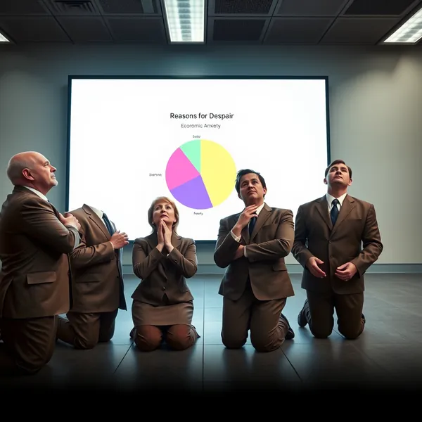 Municipal employees observe inaugural rites of the newly recognized pessimism belief system in City Hall's repurposed sub-basement.