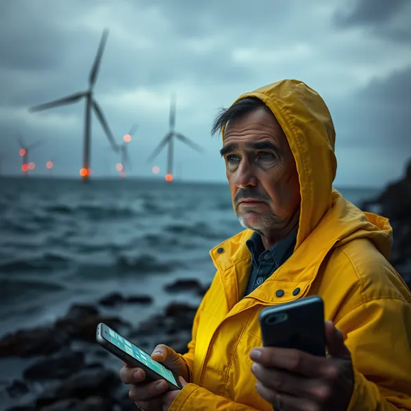 A resident of Rockport, Maine, observes the newly operational offshore wind farm, which federal studies confirm is now harvesting ambient existential dread alongside renewable energy.