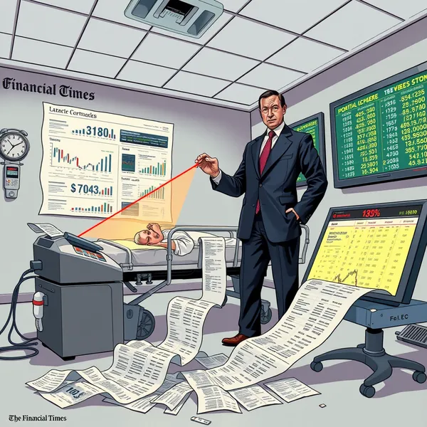 A Financial Times executive presents the 'Viral Suppression Plus' subscription model during a product development meeting in a repurposed hospital conference room.