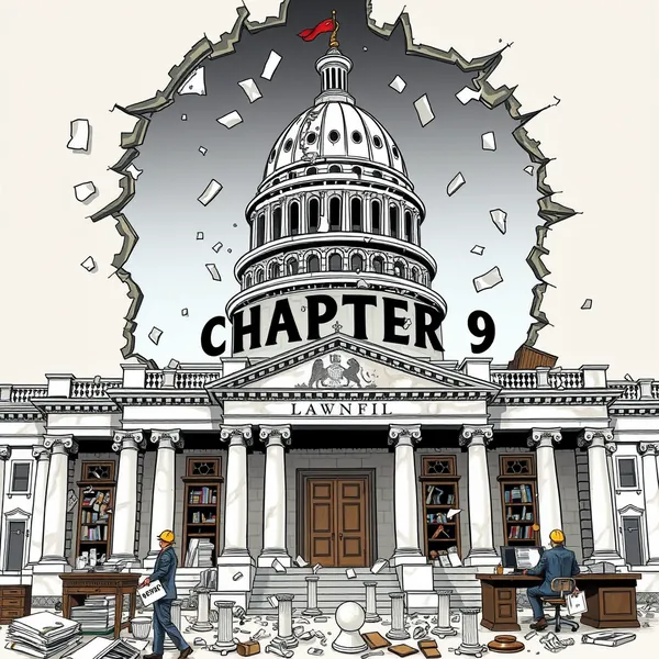 New York Governor Kathy Hochul addresses the press during Chapter 9 bankruptcy proceedings while state assets are dismantled around her to fund the tariff lawsuit.