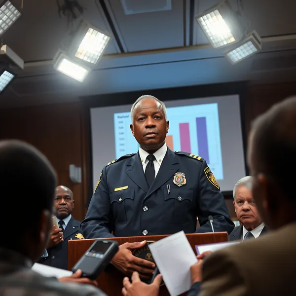 Newark Police Chief Roland Blevins presents departmental metrics during a press conference addressing the five-year investigation into a serial killer case.