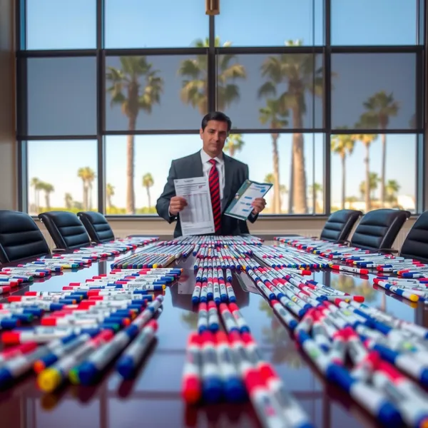 A Nexstar Media Group agent inventories dry-erase markers from the KTLA weather center as part of the severance calculation for laid-off meteorologist Mark Kriski.