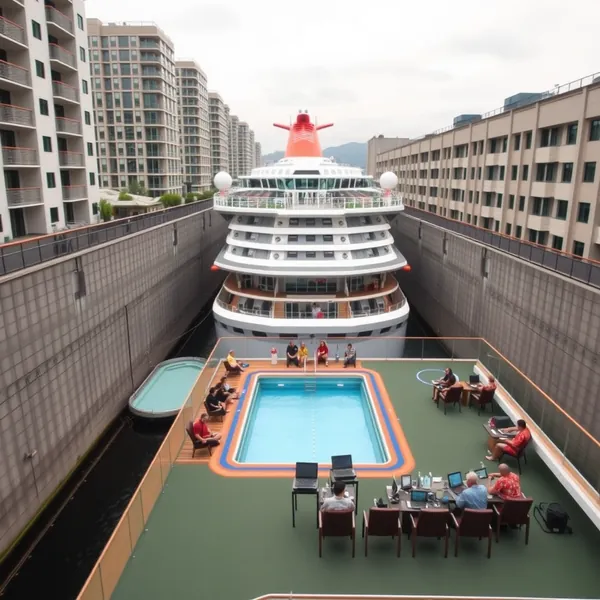 The Norwegian Bliss remains docked at Norwegian Cruise Line's corporate headquarters after rerouting from Mexico, with passengers participating in mandatory compliance workshops on the main deck.