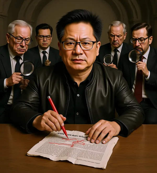 Nvidia CEO Jensen Huang leads an emergency analysis of competitor press release phrasing during a board meeting following the AMD-Meta partnership announcement.