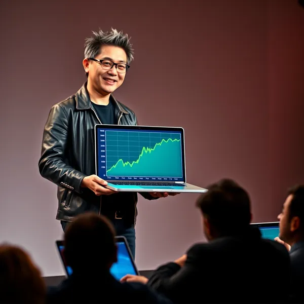 Nvidia CEO Jensen Huang demonstrates the biometric responsiveness of the new Procrastinator Edition chip during a product launch event in Santa Clara, California.