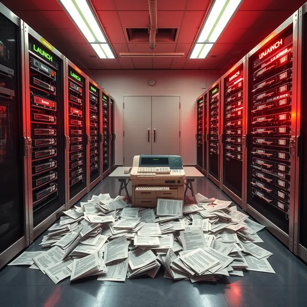 NVIDIA spokesperson delivers a briefing as a fax machine produces conflicting launch and unlaunch statements for the GeForce 595.59 driver at the company's Santa Clara headquarters.