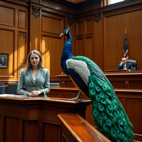 Blake Lively looks on as a peacock, introduced by her legal team as a symbolic gesture, perches on a railing inside a Manhattan federal courtroom, halting settlement negotiations in a film dispute.