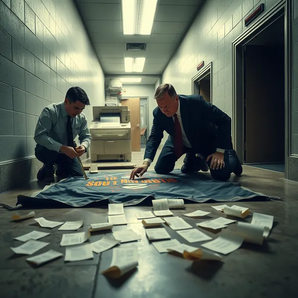 Agents from the Pentagon's Scouting Months unit conduct a tie-integrity assessment on a historical Scouting America artifact in a secure administrative corridor.
