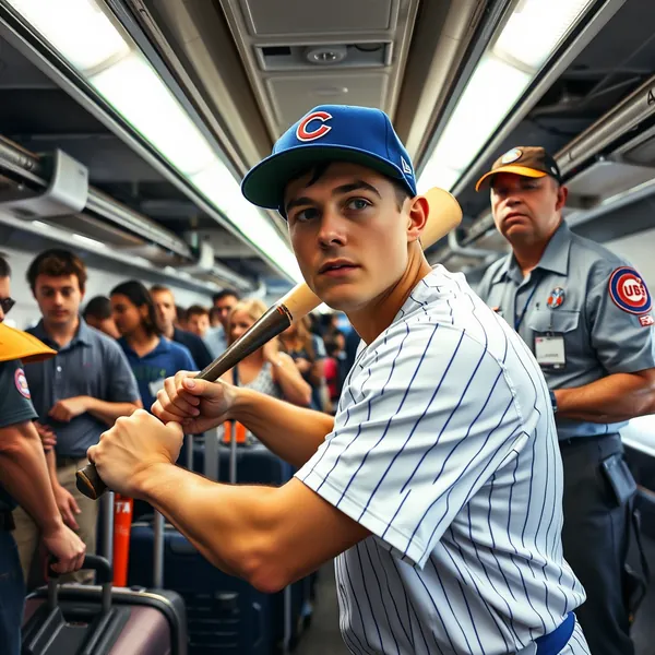 Chicago Cubs player Pete Crow-Armstrong practices his swing in front of a mirror installed at Gate M12 in O'Hare International Airport, part of his request to utilize the jet bridge's unique environment for training.