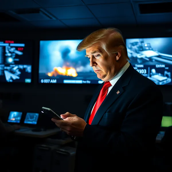 President Donald Trump reviews a mobile device during an early morning briefing on citizen responses to military operations.