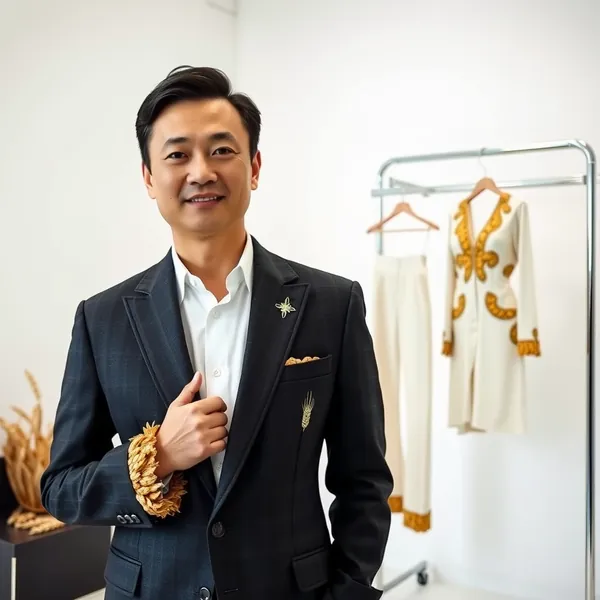 Shein founder Xu Yangtian presents the company's new 'Roots Blazer,' part of a collection incorporating raw agricultural materials to emphasize supply chain transparency.