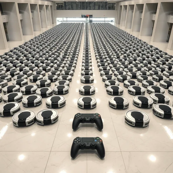 Software engineer Sammy Azdoufal monitors the unintended global network of DJI Romo vacuums from his server room, their movements now dictated by misinterpreted weather data.