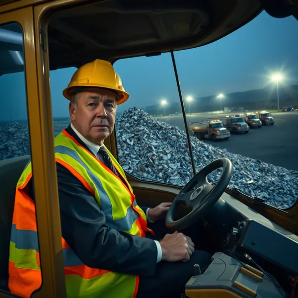 A bulldozer compacts software company stock certificates at a waste management facility outside Reno, part of a widespread physical liquidation of equities by investors fearing AI obsolescence.