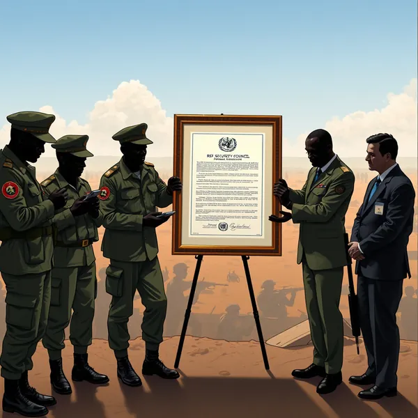 A United Nations diplomat finalizes the placement of the sanctions resolution during a Security Council session concerning atrocities in Sudan.