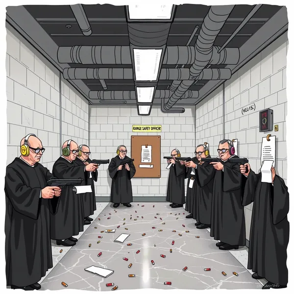 Supreme Court justices observe firearms qualification testing in courthouse basement during oral arguments on drug users' Second Amendment rights.