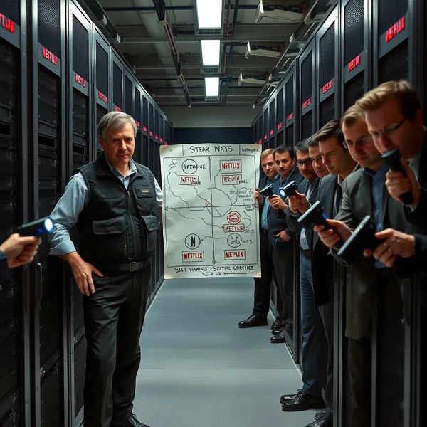 Netflix CEO Ted Sarandos briefs executives on merger defense protocols in a Los Angeles data center following the failed Warner Bros acquisition attempt.