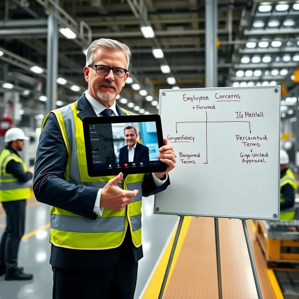 Lars Bruckner, chairman of Tesla's Giga United works council, outlines the new labor negotiation subcontracting protocol to assembly line workers at the Gruenheide factory.