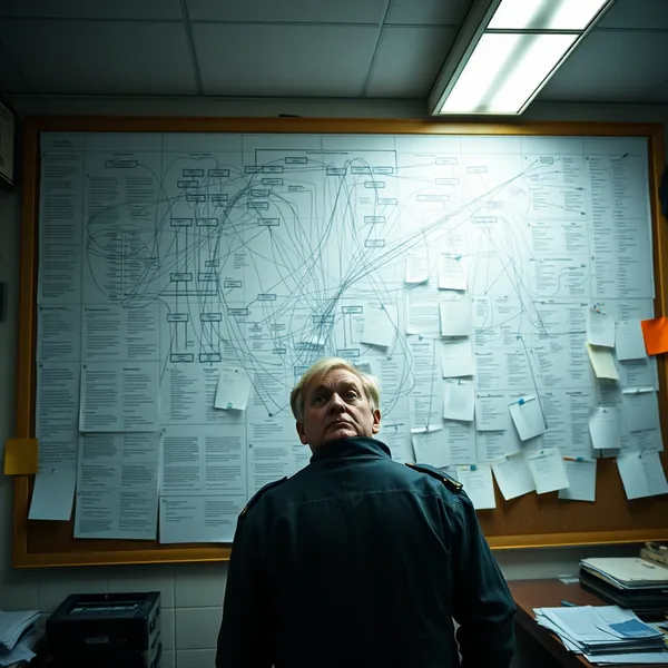 A Thames Valley Police detective reviews the extensive flowchart mapping the alleged flow of documents from Prince Andrew to Jeffrey Epstein.