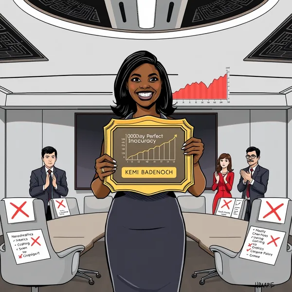 Tory leader Kemi Badenoch addresses staff after achieving 100 consecutive days of incorrect predictions, as displayed on the headquarters' monitoring screen.