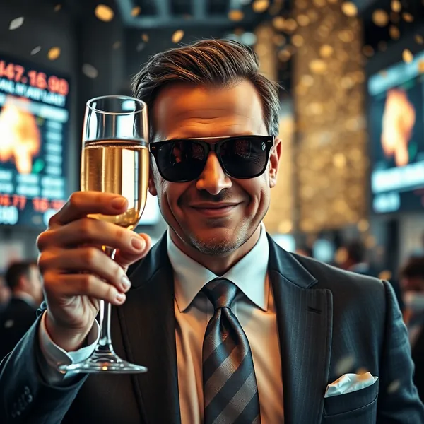 Traders at the New York Stock Exchange celebrate a bond market rally fueled by escalating conflict in the Middle East, as live feeds of geopolitical turmoil are displayed alongside financial data.