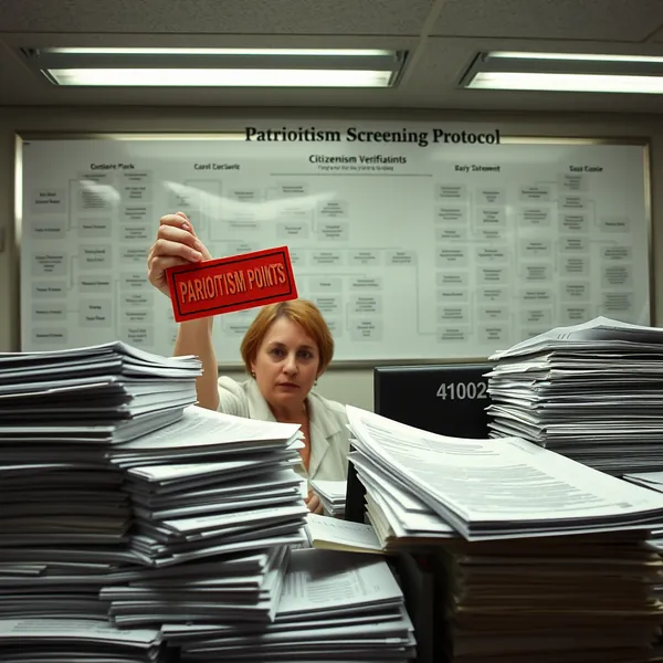 Customers await documentation review as a bank employee implements new citizenship verification procedures mandated by the administration.