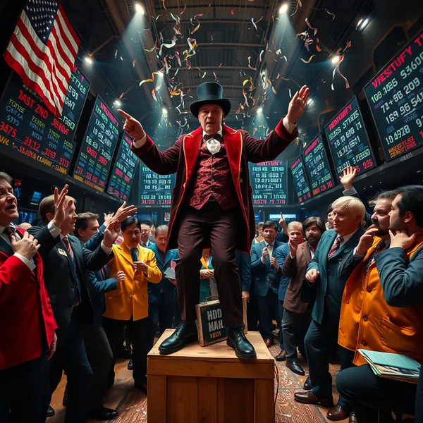 A financial dramaturg directs traders in the orchestration of market movements on the floor of the New York Stock Exchange, following the introduction of the new Showmanship Index.
