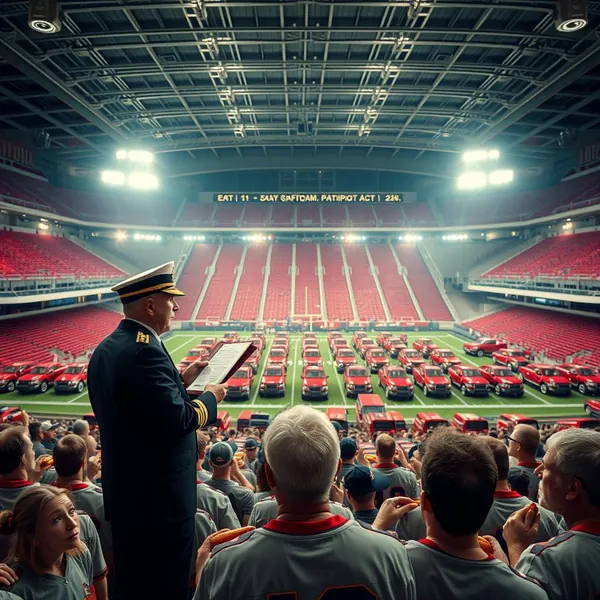 Retired Gen. Arthur Thistlewaite reads from Title II of the USA Patriot Act during Turning Point USA's 'All-American Halftime Show' at Arrowhead Stadium, as coordinated vehicle formations stand by.
