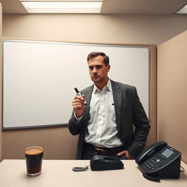 An employee of the Department of Performed Occupations prepares for his duties as a Regional Synergy Analyst in a Washington federal building.