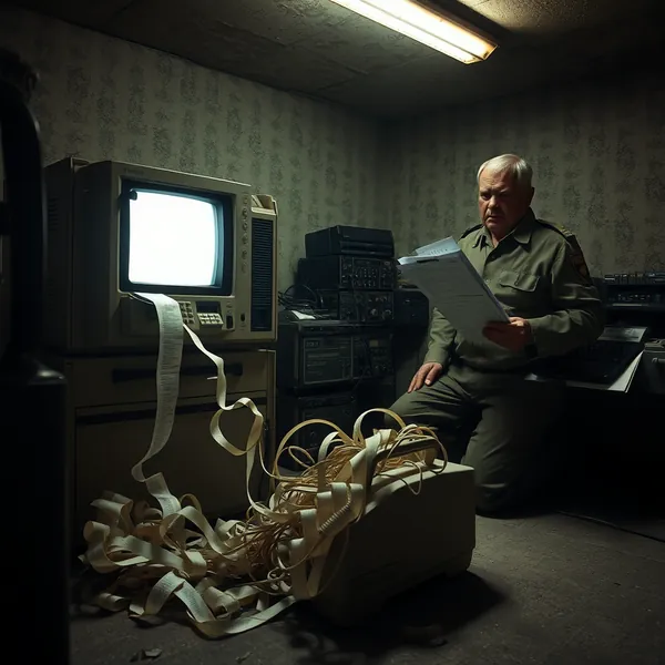 A Ukrainian military officer monitors a critical frontline fax machine as it malfunctions during a high-stakes bureaucratic authorization process for drone strikes.