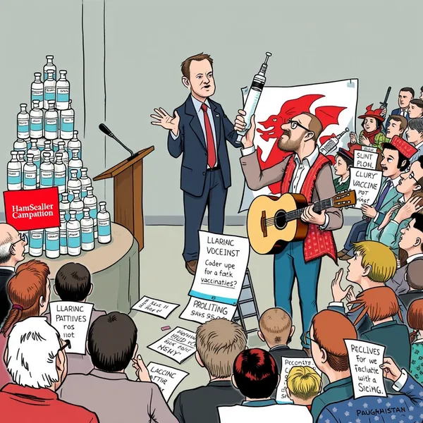 A folk musician administers a vaccination during a campaign event in Cardiff as part of the Welsh Government's new public health initiative, with musical performance and medical procedure occurring simultaneously.