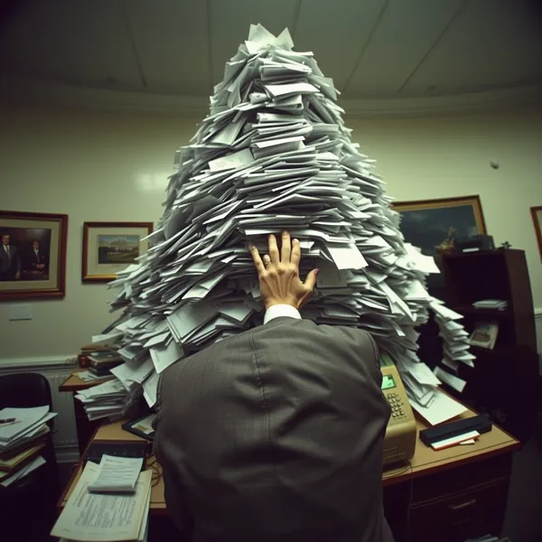 A White House aide attempts to manage paperwork output from a malfunctioning fax machine during a critical minerals negotiation.
