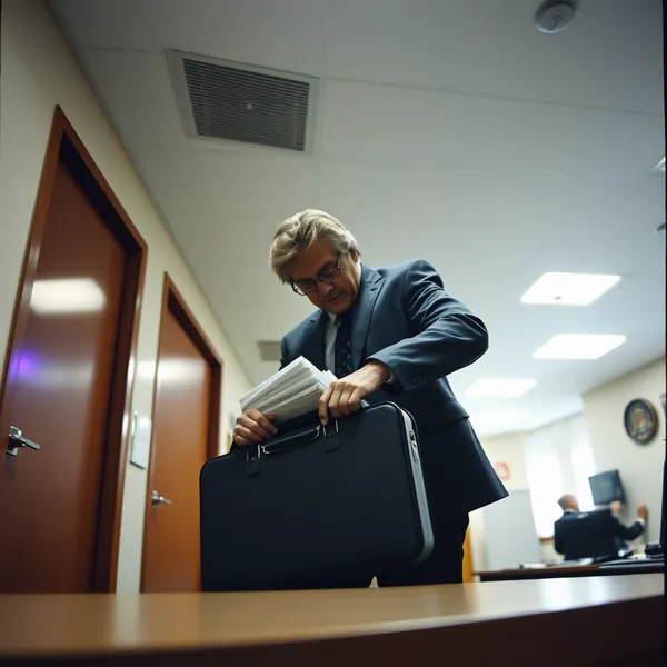 A junior policy analyst works late at the Eisenhower Executive Office Building, compiling data for the administration's newly mandated registry of trade-policy-related thoughts.