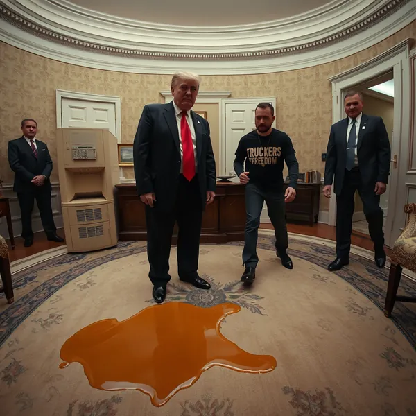 President Donald Trump observes a malfunctioning polling fax machine in the West Wing anteroom as a manifested constituent is removed by security personnel.