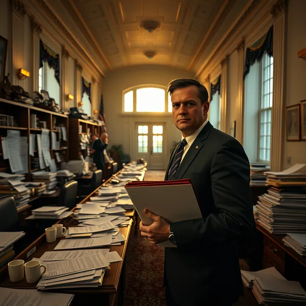 White House aides review a flowchart depicting the U.S. electoral system during a strategy session on a draft emergency order aimed at simplifying the voting process.