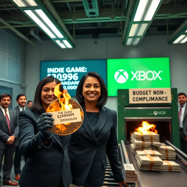 An Xbox environment artist reviews compliance documentation for a single digital crate asset, the development of which has nearly reached the $3 million budget threshold required to avoid classification as 'AI slop' under a new corporate directive.